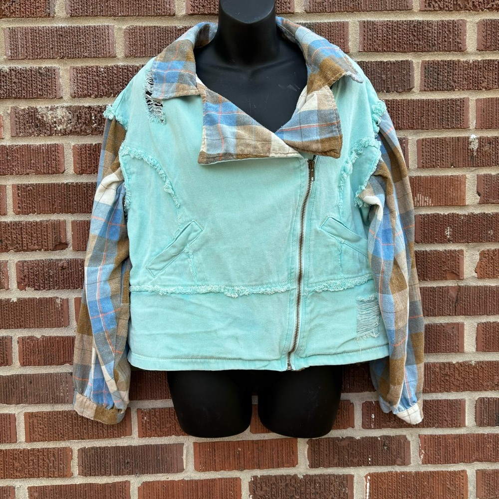 POL Mint Green and Brown Plaid Mixed-Media Jean Jacket
